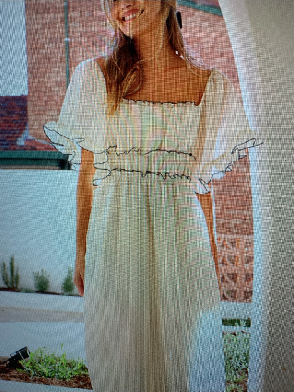 Women’s Cream Ruffle Maxi Dress long Flowy Crinkled Fairy-tale Maxi Dress - Picture 3 of 5